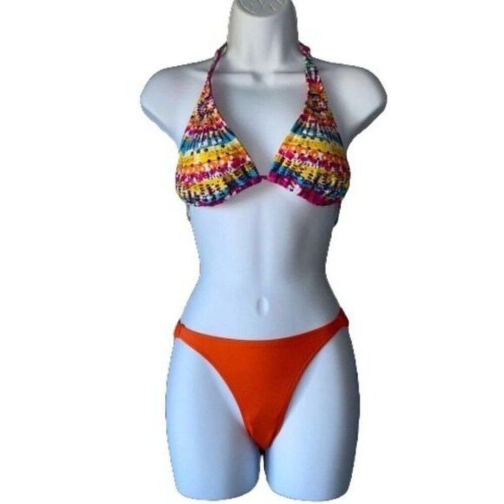 Printed Embellished Halter Bikini Top‎ with Solid Color Bottom Women Swimsuit